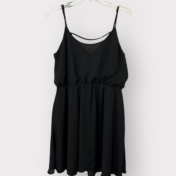 Everly | Black Mini Dress | Cami Spaghetti Strap | V Back | Gathered Waist Large - Picture 2 of 8